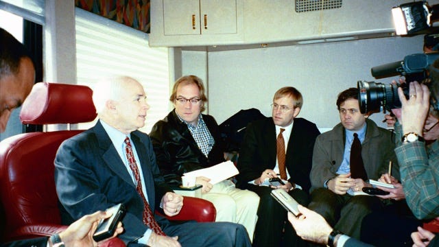 (Left to right): McCain, Mike Murphy, Jonathan Karl, me, on “The Straight Talk Express,” 2000.