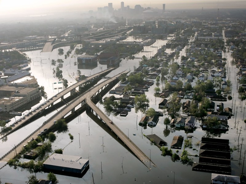 In this Aug. 30, 2005 picture, floodwaters from Hurricane Katrina fill the streets near downtown New Orleans.