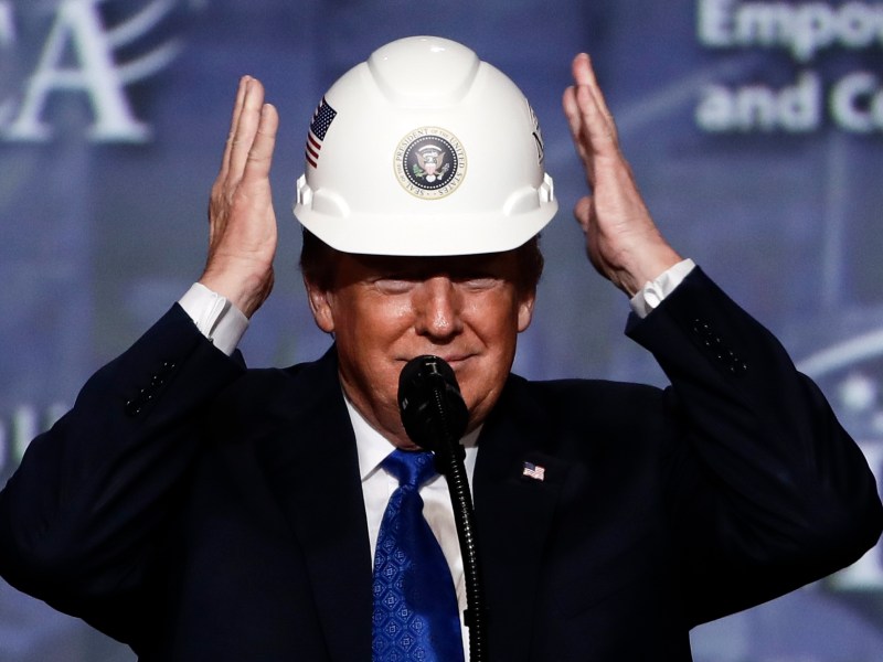 Trump’s Vocational Education Con: In the picture, then candidate Donald Trump wears a hard hat.
