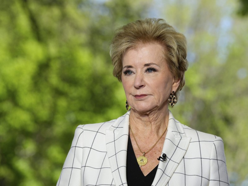 Education Secretary Linda McMahon does a television interview at the White House, April 16, 2025, in Washington. (AP Photo/Alex Brandon, File)