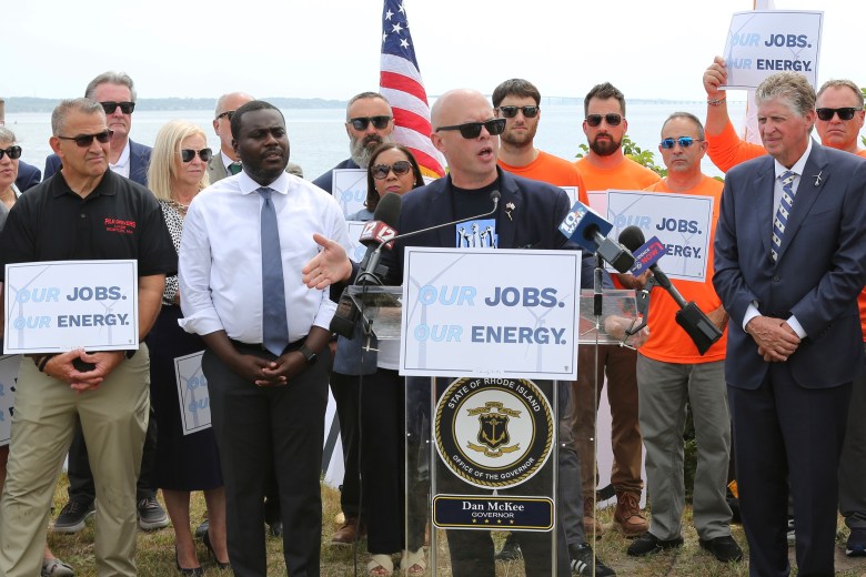 Our Energy, Our Jobs: Patrick Crowley, president of the Rhode Island AFL-CIO, calls on the Trump administration to allow work to resume on the Revolution Wind offshore wind farm during a news conference in North Kingstown, R.I., Monday, Aug. 25, 2025. 