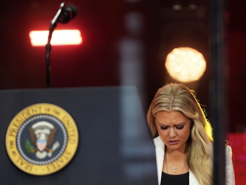 Moment of Light: Erika Kirk as she prepares to speak at a memorial for her husband, conservative activist Charlie Kirk, Sunday, Sept. 21, 2025, at State Farm Stadium in Glendale, Ariz.