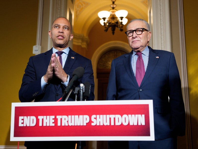 House Minority Leader Hakeem Jeffries and Senate Minority Leader Chuck Schumer hold a press conference on the government shutdown in the Capitol Building in Washington, D.C., on Thursday October 16, 2025.