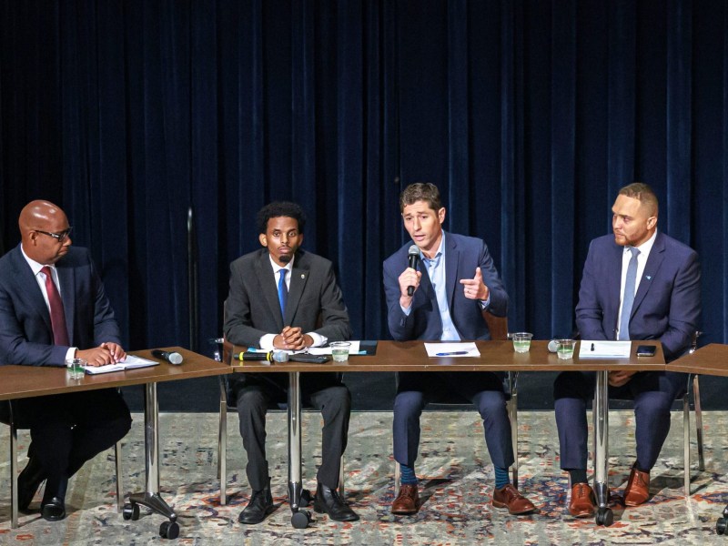 Minneapolis mayoral candidates, from left, DeWayne Davis, Omar Fateh, Jacob Frey, Jazz Hampton attend the Minneapolis Mayoral Debate at Westminster Hall at Westminster Presbyterian Church on Sept. 26, 2025, in Minneapolis.