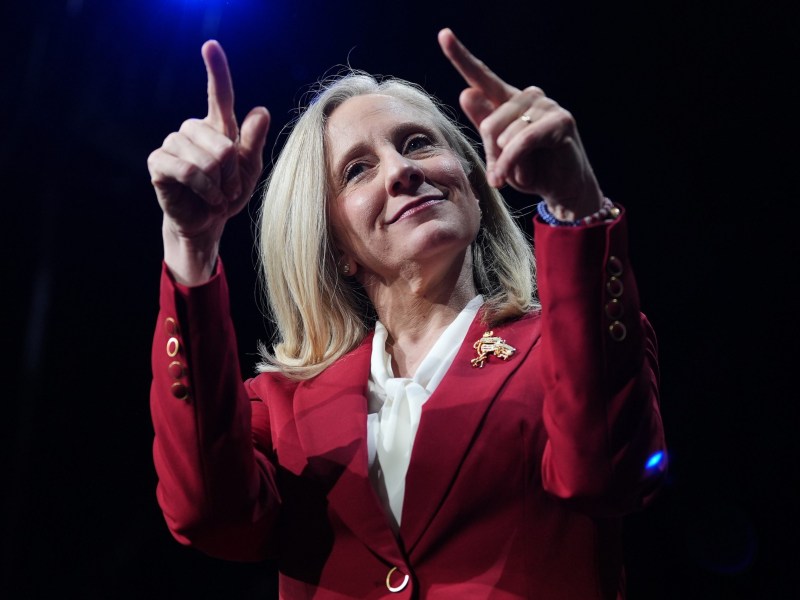 Democrat Abigail Spanberger points out at the crowd after she was declared the winner of the Virginia governor's race during an election night watch party in Richmond, Va., Nov. 4, 2025.
