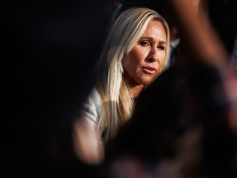 Marjorie Taylor Greene during a press conference with survivors of convicted sex offender Jeffrey Epstein in front of the U.S. Capitol building on November 18, 2025 in Washington, D.C.