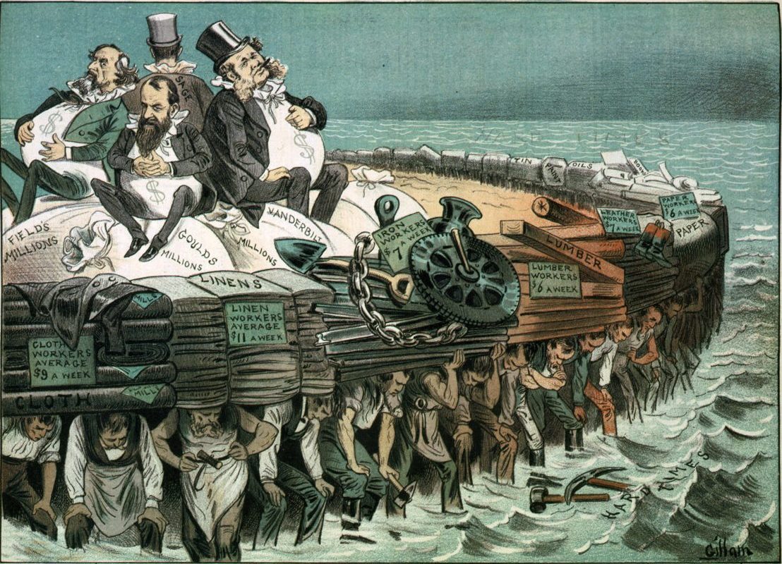 The Age of Extraction: "The protectors of our industries" cartoon showing Cyrus Field, Jay Gould, William H. Vanderbilt, and Russell Sage, seated on bags of "millions," on large raft, and being carried by workers of various professions.